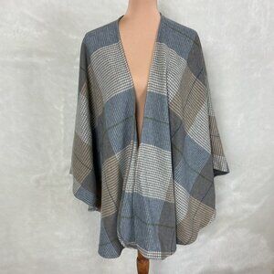 John Hanly & Co Made in Ireland Sue Lambswool Cape Gray Blue Plaid Check OS